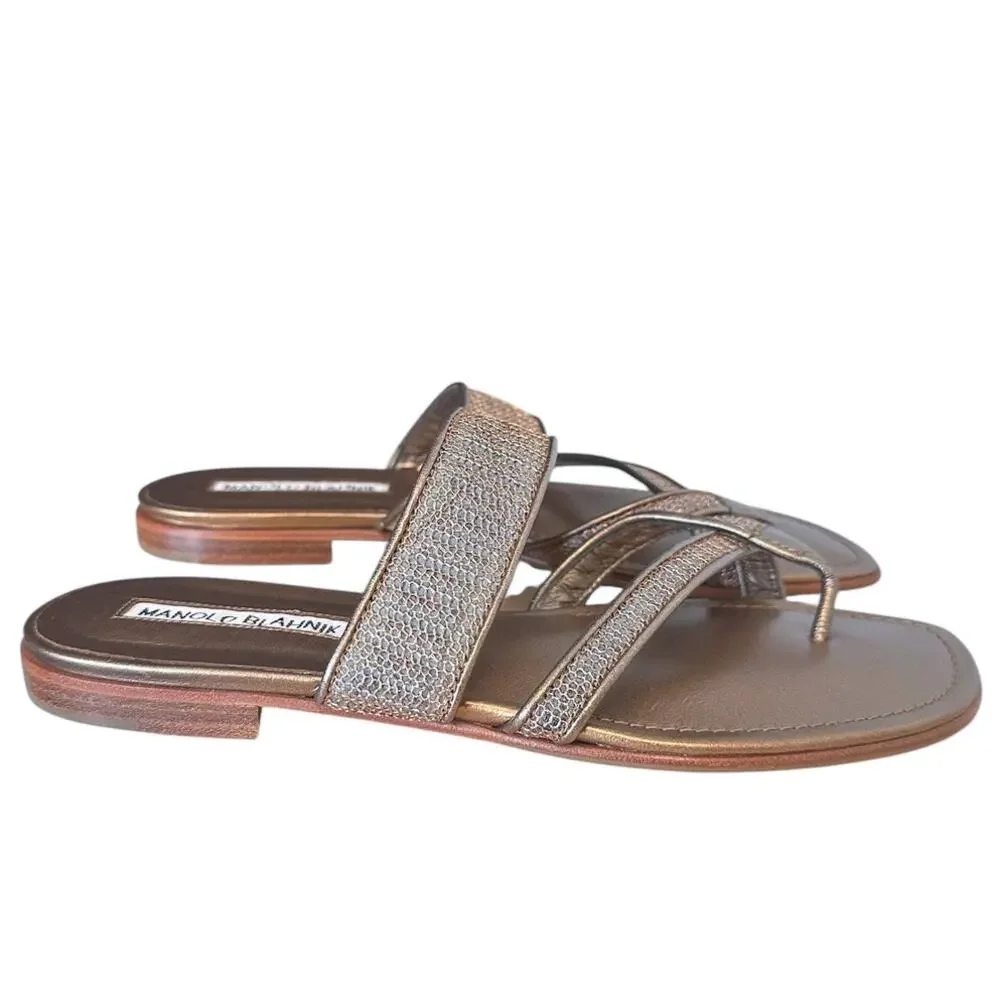 Manolo Blahnik Metallic Bronze Leather Mesh Toe Ring Flat Sandals Size 36